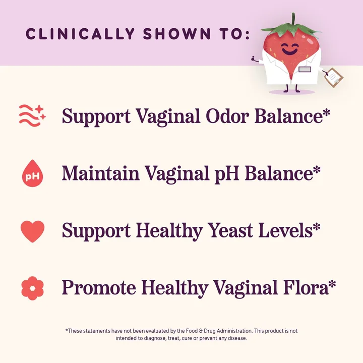 Clinically shown to: support vaginal odor balance, maintain vaginal pH balance, support healthy yeast levels, promote healthy vaginal flora