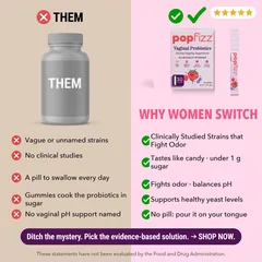 Why women switch: PopFizz vs pills and gummies — clinically studied strains that fight odor, tastes like candy, no pill to swallow