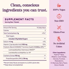 Supplement Facts — HOWARU® Feminine Health 10 Billion CFU (Lacticaseibacillus rhamnosus HN001™, Lactobacillus acidophilus La-14®), cranberry PACs, vitamin C — PopFizz