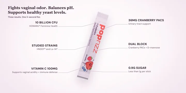 PopFizz stick with callouts: 10 Billion CFU, studied strains HN001™ and La-14®, vitamin C 100mg, 36mg cranberry PACs, dual block, 0.9g sugar